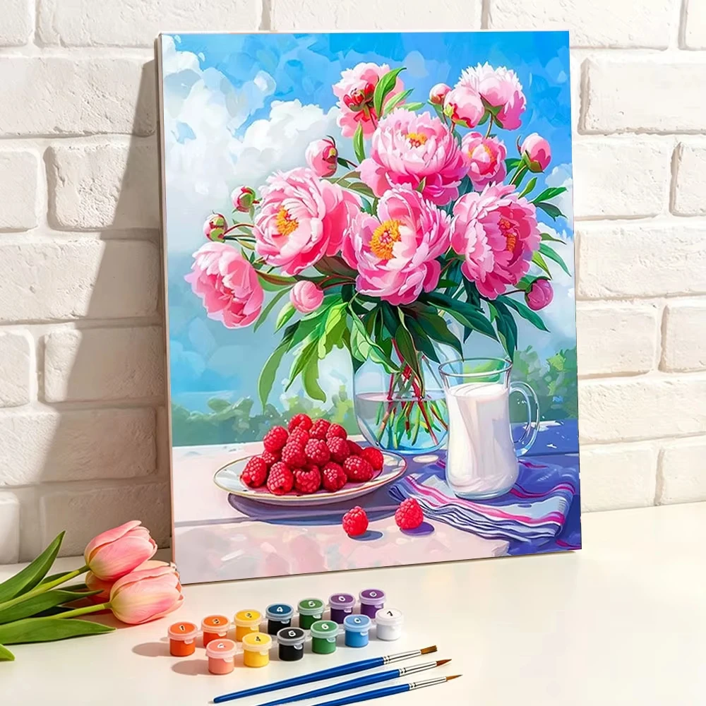 Diy Flower Paint By Numbers for Adults Kits Paint Peony and Raspberry By The Window on Canvas Numbers Painting for Home Decors