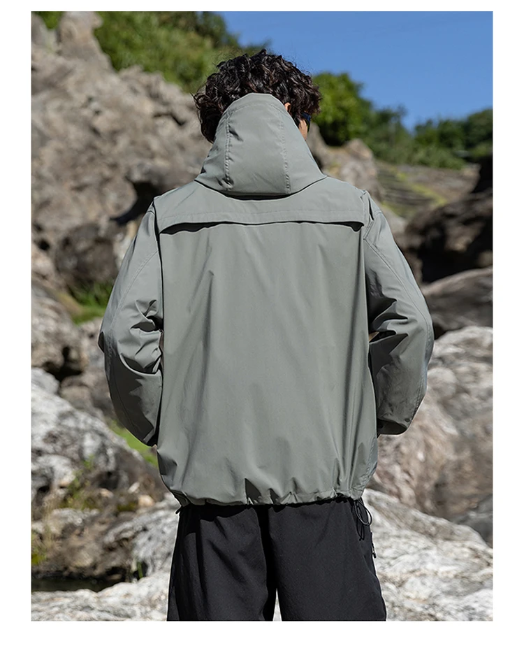 Unisex Teflon Waterproof Hiking Jacket Lightweight Windbreaker with Adjustable Hood Velcro Cuffs Drawstring Hem Outdoor Trekking
