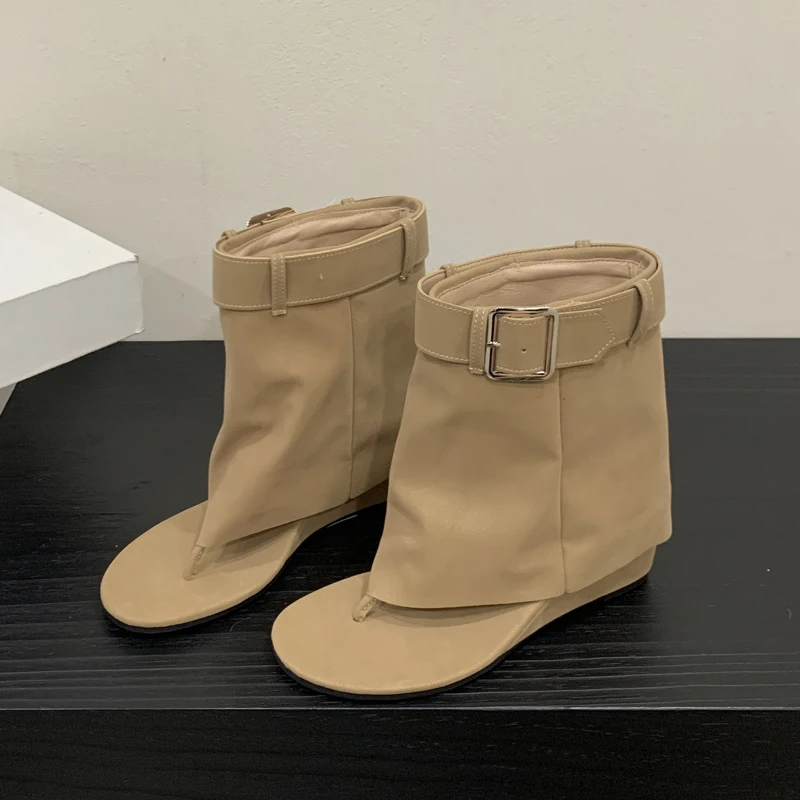 Aneikeh Street Leisure Fashion Open Clip Toe Low Heels Woman Sandals Boots Design Style Buckle Strap Flip Flops Ladies Shoes