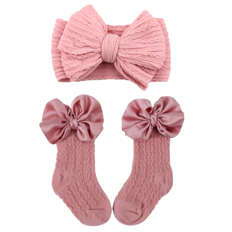2pcs/set Solid Cable Bows Baby Headbands for Girls Knitted Bowknot Baby Long Socks Newborn Accessories Kids Girl Hairbands