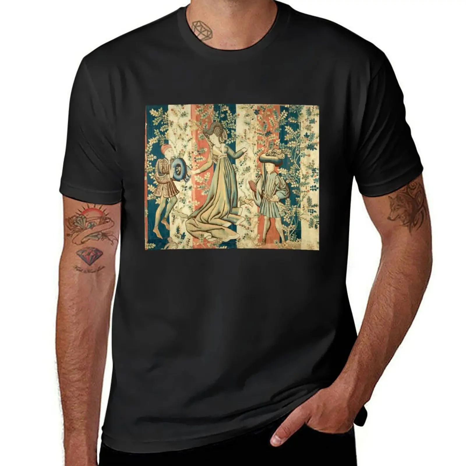 Courtiers in a Rose Garden ,Lady and Two Gentlemen, Pink Blue White Floral Medieval Tapestry T-Shirt