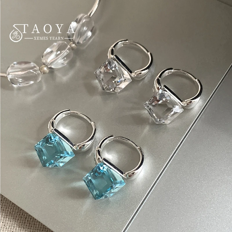 Square Sugar Cubic Zirconia Huggie Earrings Silver Plated Blue Clear Crystal Hoop Ear Buckles Daily Elegant Women Jewelry Gift
