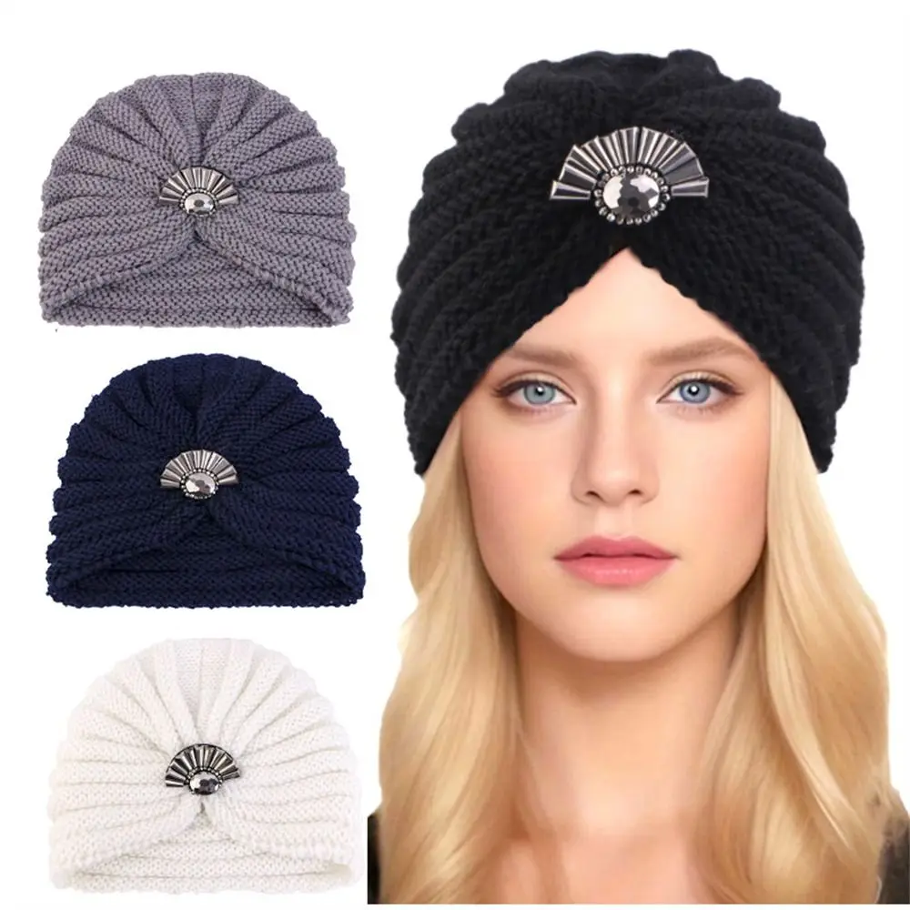 Fashion Knitted Turban Hat Thick Coldproof Elastic Hijab Scarf Vintage Bead Wool Chemo Cap for Women