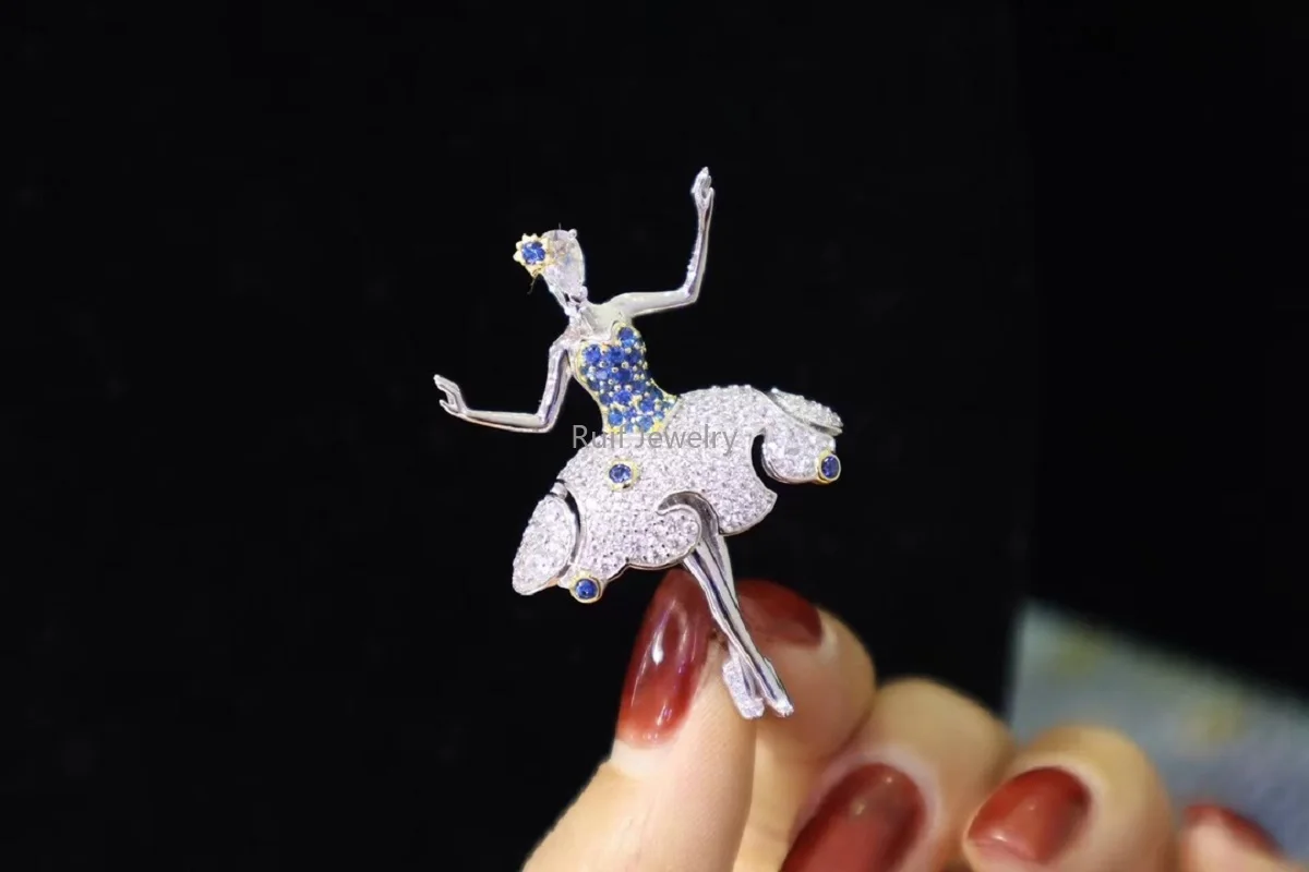 Ruif 925 Sterling Silver Dancing Girl 32×47mm Brooche and Pendant  for Women Elegant Pin Coat Decoration Ladies Party Gift Dress