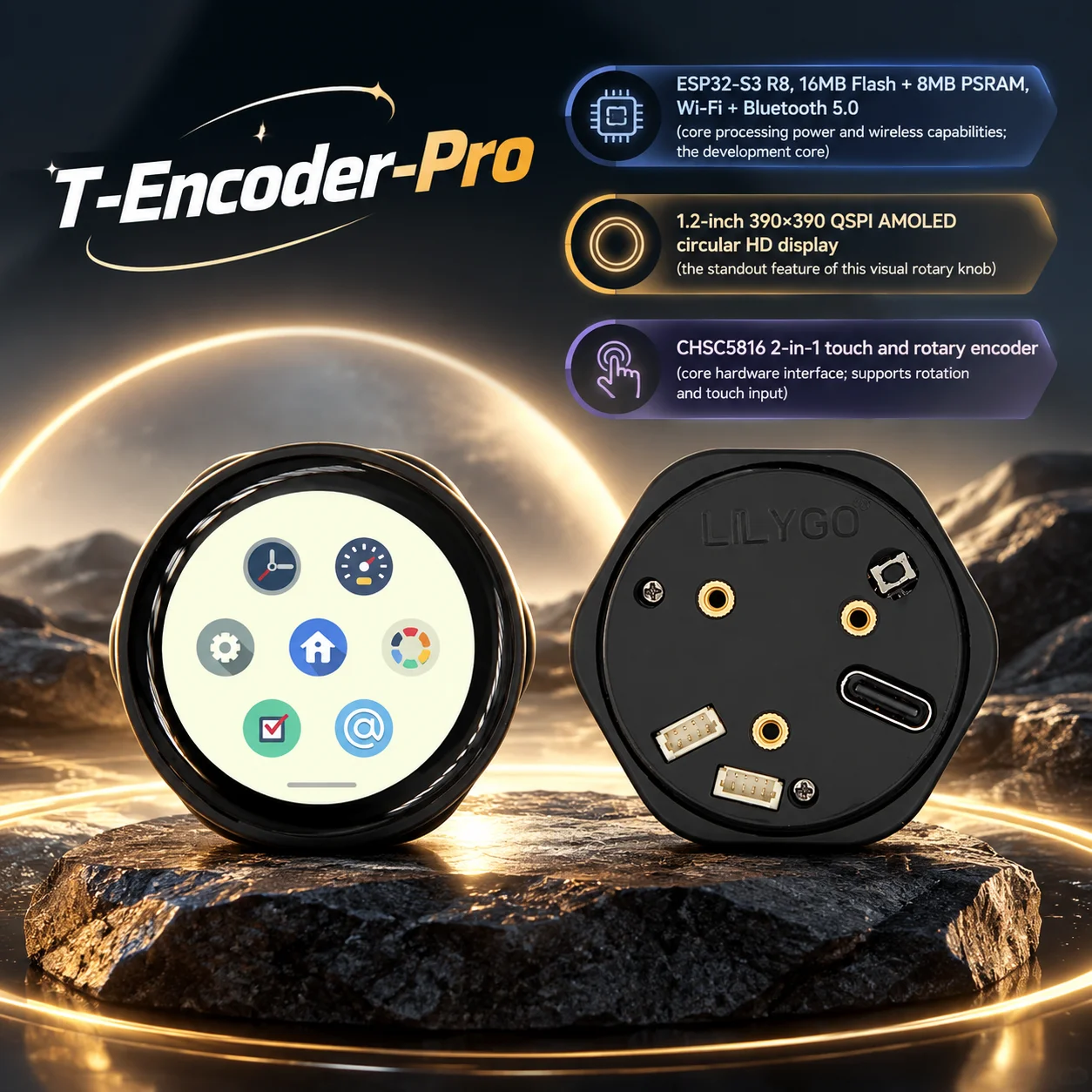 LILYGO T-Encoder-Pro ESP32-S3 Rotary Encoder 1.2 inch AMOLED Touch Display WiFi BLE Development Board
