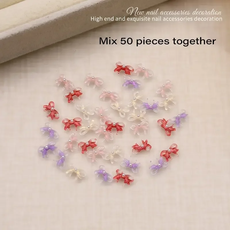 3Dダイナミックバタフライネイルアクセサリー3点セット、輝くINS風オーロラバタフライアクセサリー、50個のマルチカラー混合新作リボン