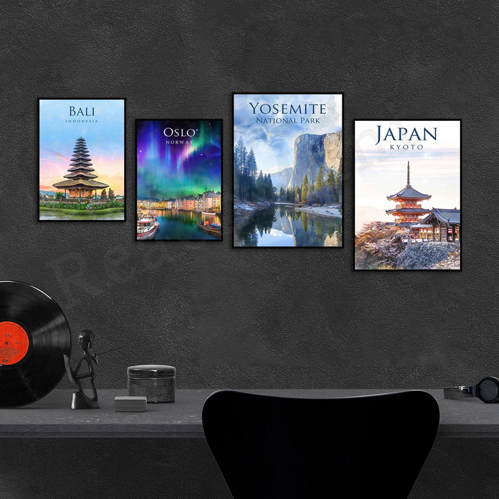 Yosemite National Park, California, USA, Kyoto, Japan, Bali, Indonesia, Oslo, Norway Northern Lights travel cityscape poster