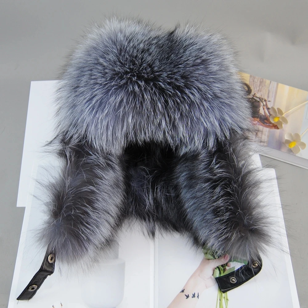 ฤดูหนาวผู้ชาย 100% Real Silver Fox Fur Aviator Bomber หมวก Raccoon ขนสัตว์ Ushanka หมวก Trapper รัสเซีย Man หมวกสกีหมวกหนังแท้