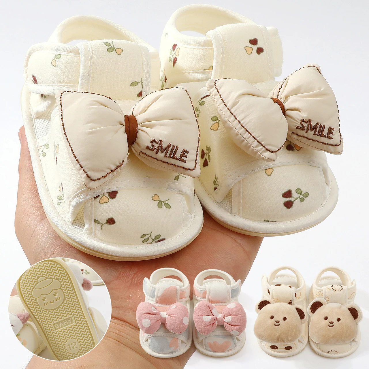 

0-1Year Newborn Sandals Summer Soft Soled Cotton Fabric Shoes Bear Bow Baby First Walkers Hollow Breathable Infant Non Slip Shoe