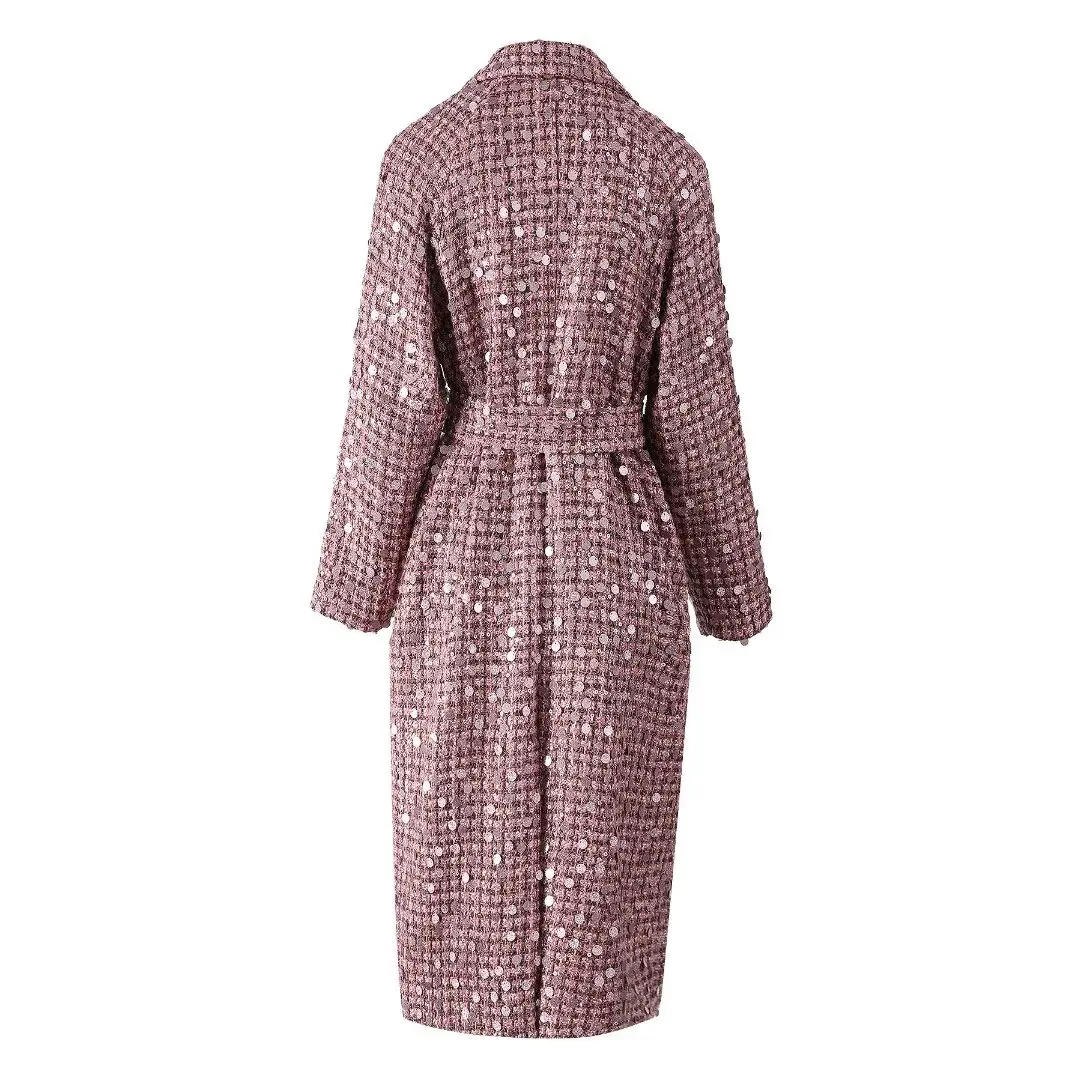 SEQINYY Elegant Pink Trench Coat Spring Autumn New Fashion Design Women Runway High Street Pink Plaid Weaved Sequined Pockets