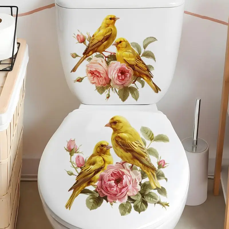 Pink Rose Canary Bird Toilet Sticker: Bathroom Realistic Floor Decal Waterproof Anti-Slip
