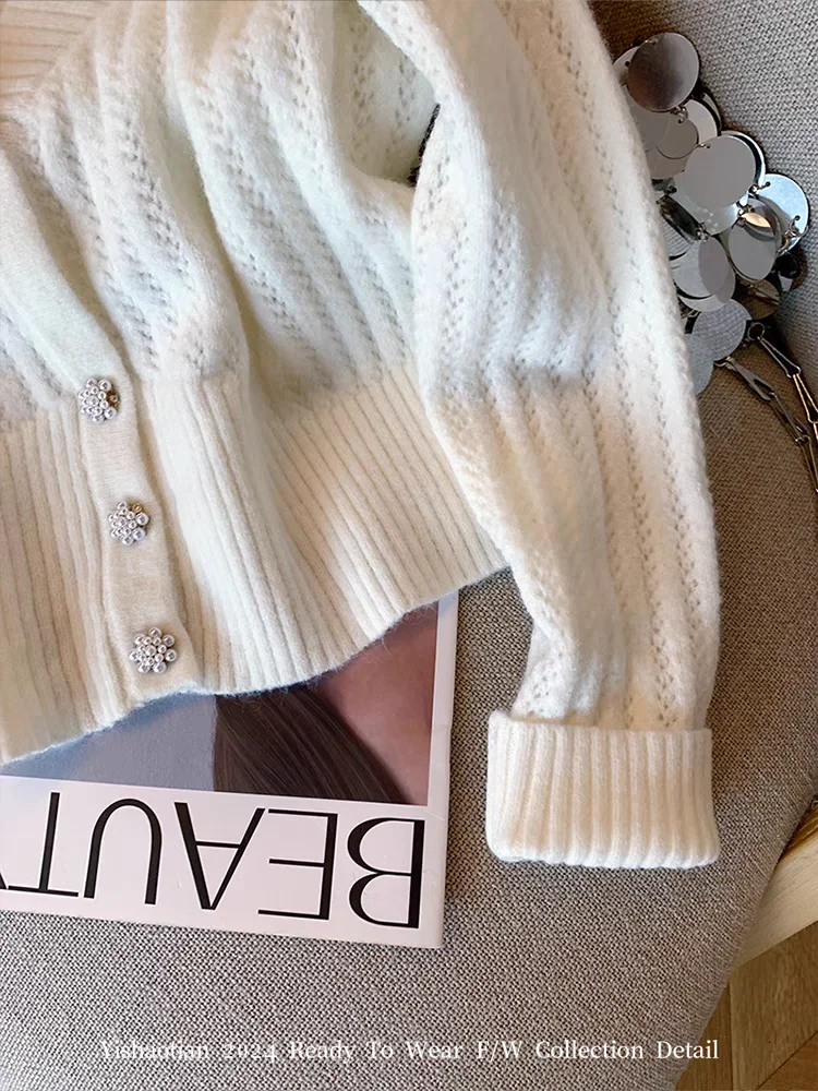 Jesienno-zimowa kobieta francuski sweter w stylu vintage eleganckie swetry sweter z długim rękawem dekolt w serek dzianiny estetyczne koszulki stare
