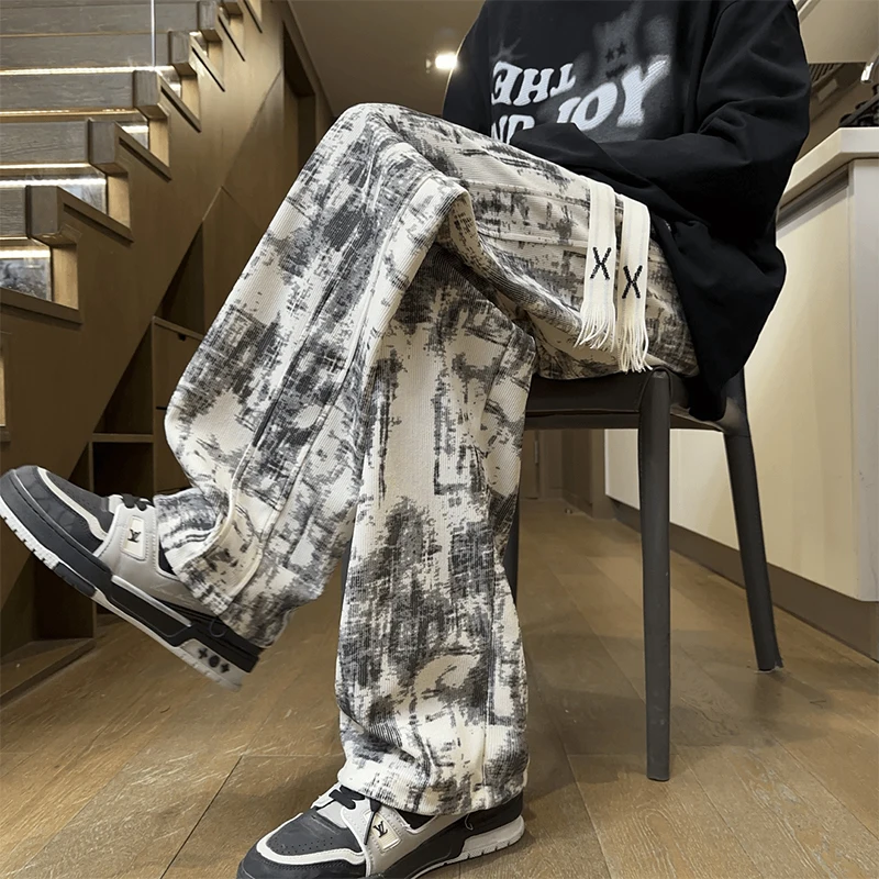 American Casual Men's Dyeing Straight Leggings Fashionable Sport Pants Autumn Winter Fleece Lined Street Style Youth Trend