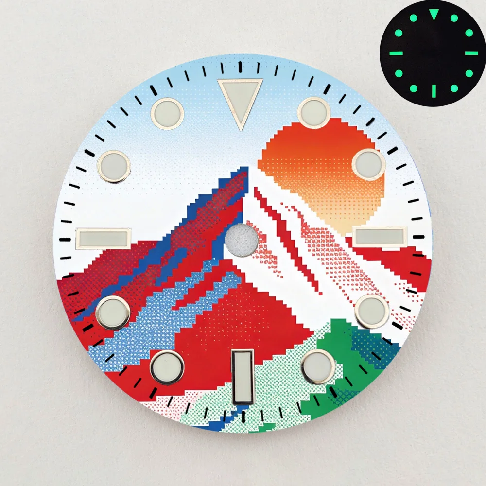 28.5mm NH35 Dial Vintage Pixel Mount Fuji Scenery Luminous Dial NH36 Dial Watch Accessories Fits NH35/NH36 Movements Custom Logo
