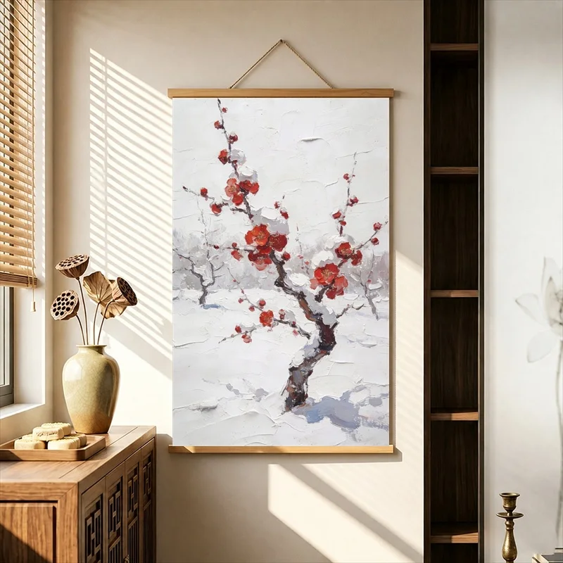Chinese Botanical Pearlescent Canvas Wall Hanging Scroll Red Plum Blossoms on Ancient Ink Branches for Entryway Wall Decor