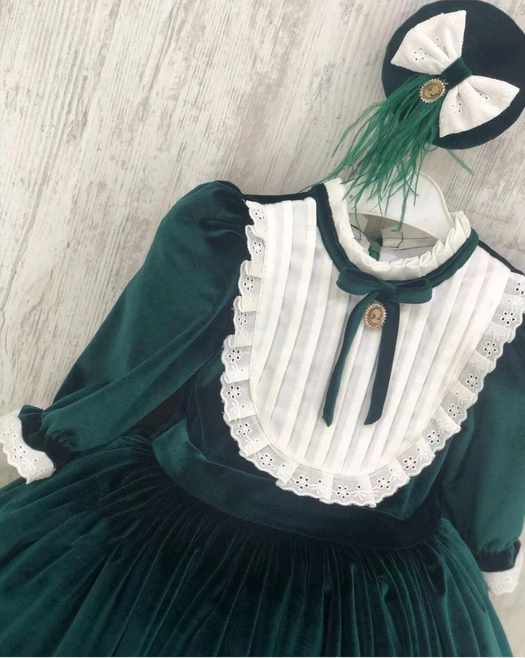 1-12Y Baby Girl Autumn Winter Green Velvet Vintage Spanish Turkish Princess Ball Gown Dress for Eid Photography