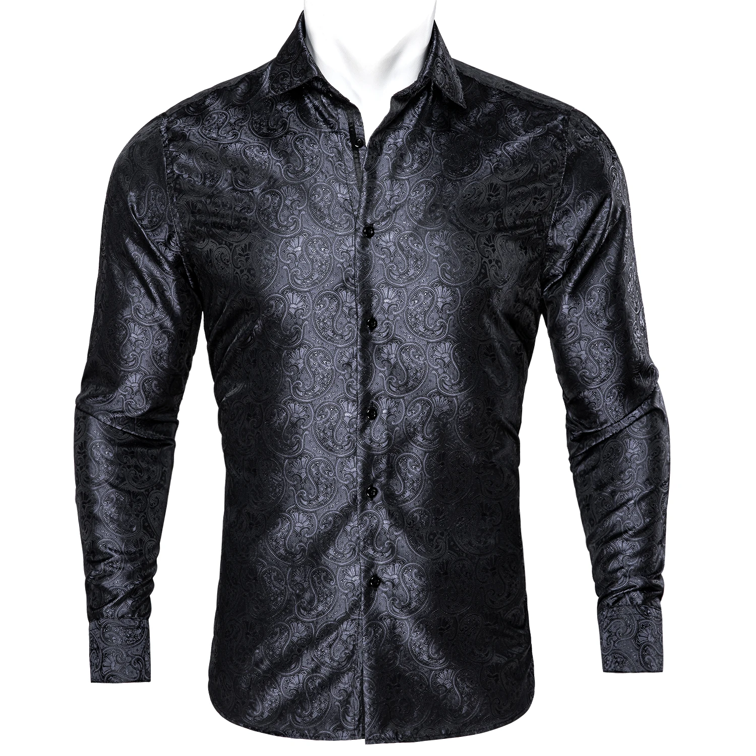 Barry.Wang Luxury Black Paisley Silk Shirts Men Long Sleeve Casual Flower Silver Shirts For Men Designer Fit Dress Shirt BY-0054