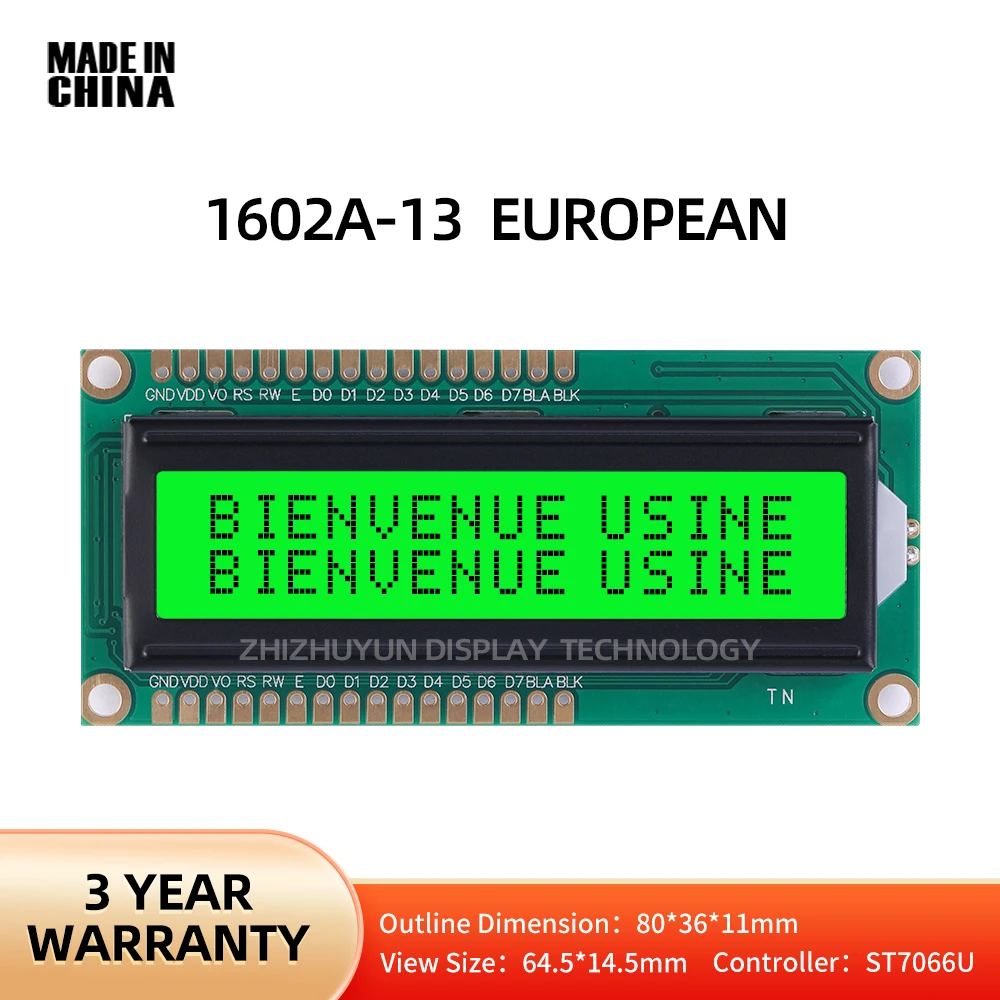 1602A-13 Moduł LCD z europejskimi znakami Wyświetlacz Zielone światło 80 * 36 mm Ekran z wieloma czcionkami Zapewnienie jakości