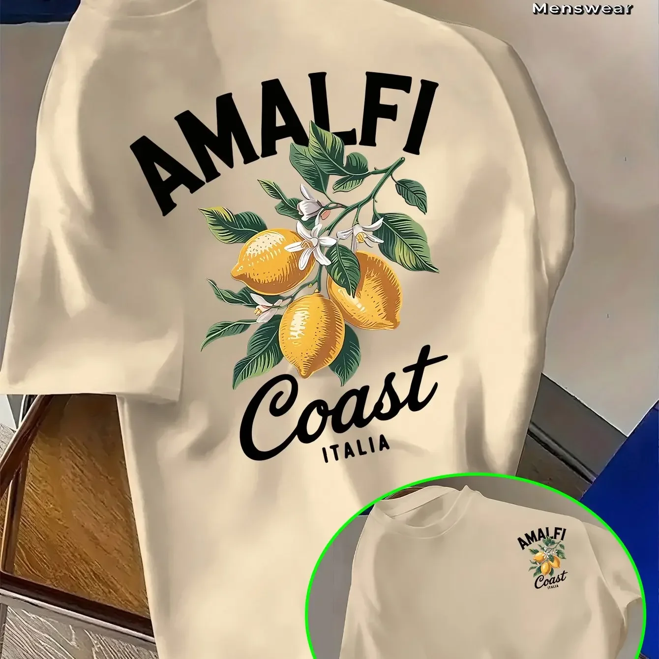 Men's 100% Cotton Amalfi Coast Lemon Pattern T-Shirt Summer Italian Vacation T-Shirt Breathable Casual Short-Sleeve Top view 3