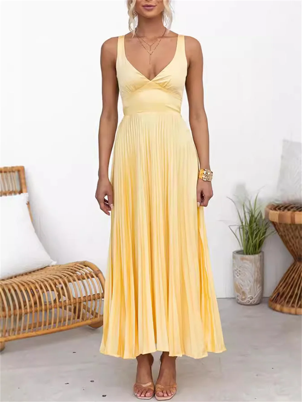 Elegant Yellow Satin Sling Draped Long Dress for Women 2024 Summer Deep V Neck Backless A-line Draped Evening Party Club Dresses