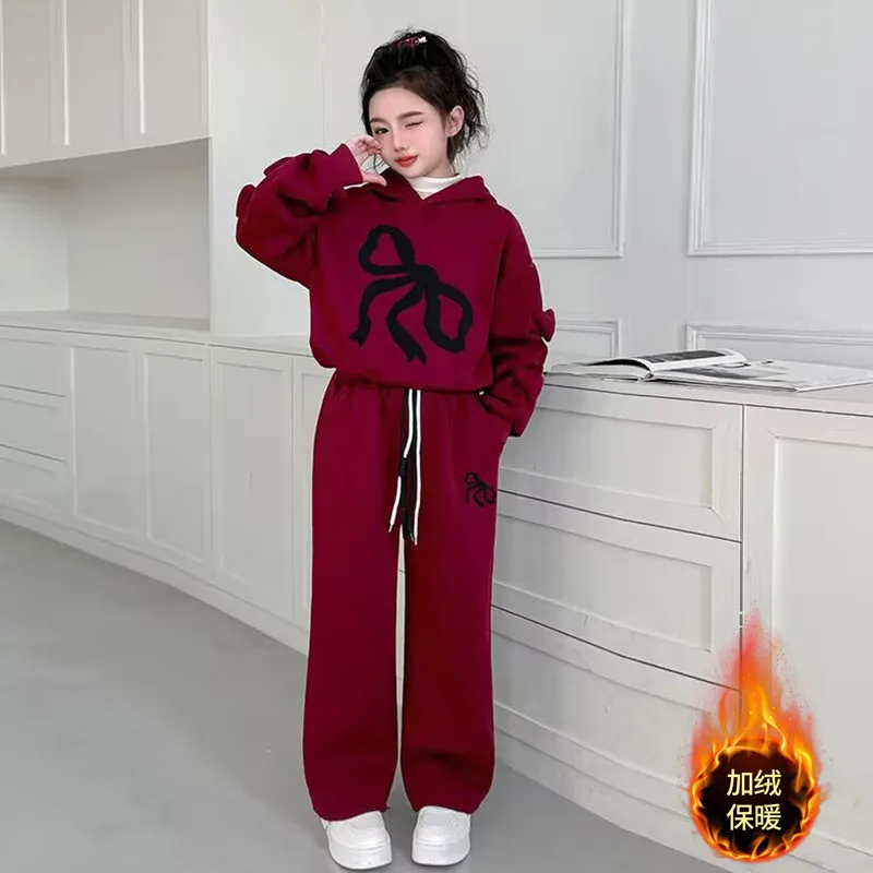 2026 AUTUMN winter Teenager Cloth bow Children velvet Set red hooded sweatshirt + wide leg Pant suit tracksuit 4 8 10 12 14 year
