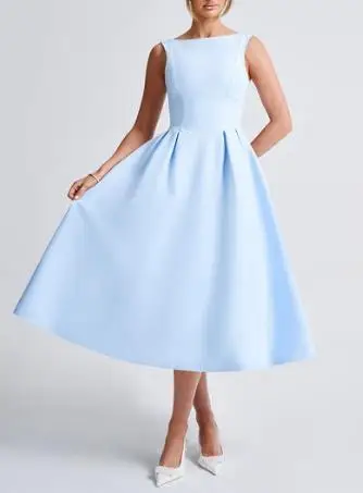 

French Women's Dress Elegant Hepburn Style Solid Color Round Neck Sleeveless High Waisted Loose Hem Dress Urban Evening Dresses