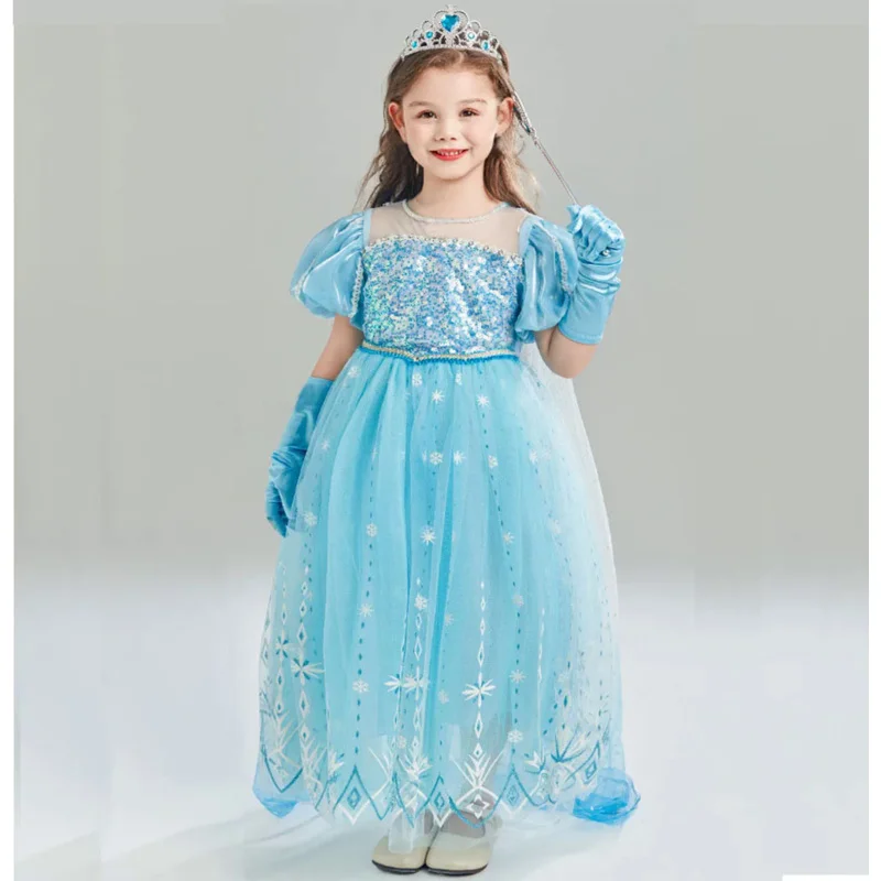 Prinses Pailletten Jurk Sneeuw Koningin Elsa Kostuum Cosplay Fancy Dress Up Voor Meisjes Kinderen Verjaardagsfeestje Met Accessoires