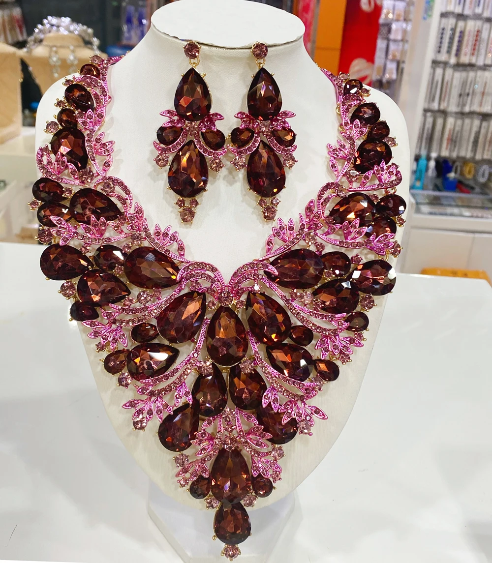 Colorful Crystal Wedding Jewelry Women Big Necklace Earrings Jewelry Sets African Wedding Bridal Rhinestone Jewelry Sets