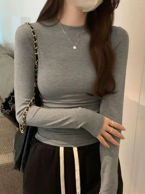 Casual Basic Velvet Bottoming T-shirt for Women Autumn New Simple Slim Fit Stretch Layering Tee Solid Color Long Sleeve Tops