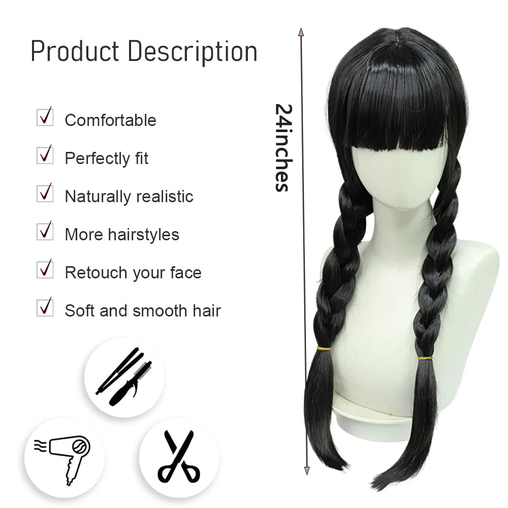 شعر صناعي من الأربعاء آدامز كوسبلاي، أسود وبني مع غرة وضفائر، مناسب للحفلات اليومية، شعر مستعار مقاوم للحرارة