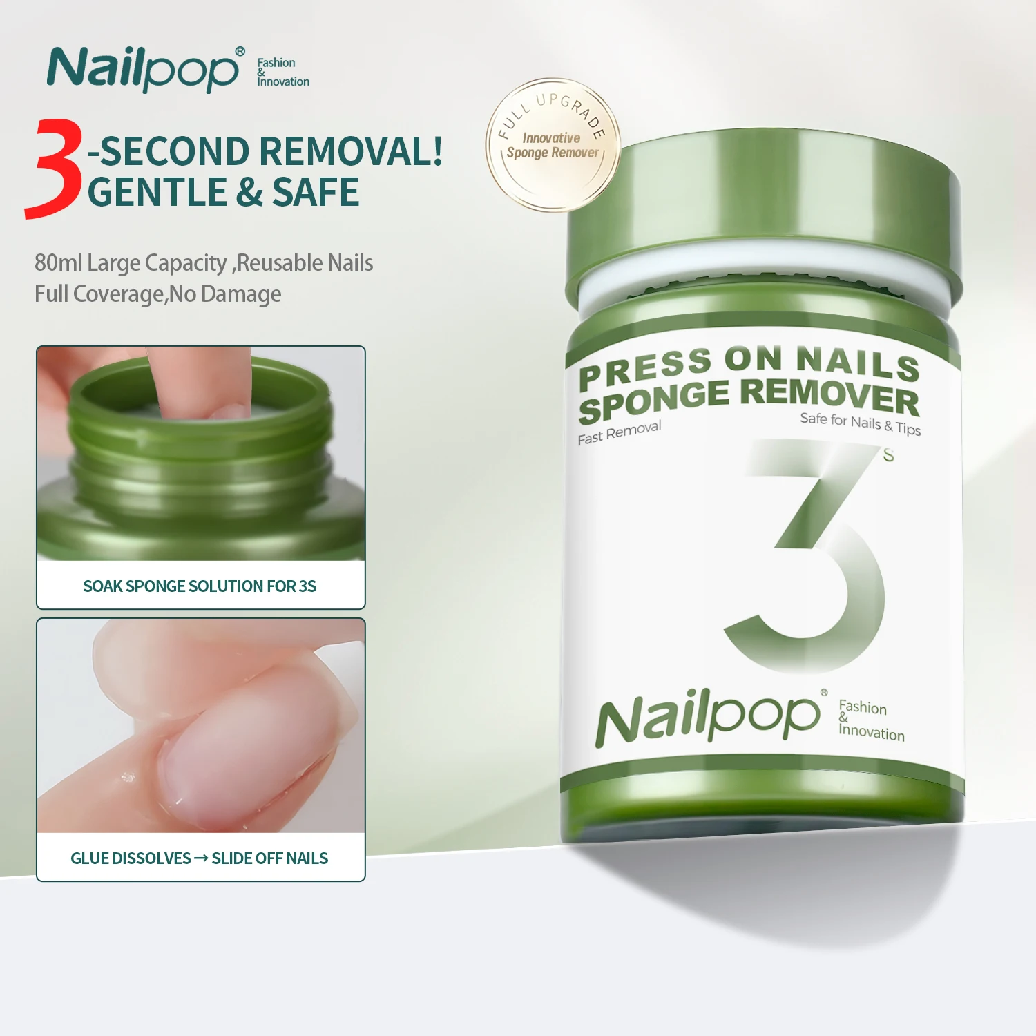 Nailpop اضغط على الأظافر مزيل الإسفنج 1 قطعة 3 الإسفنج الثاني نقع قبالة لطيف آمن مجموعة إزالة الأظافر الحرة سريعة سهلة إزالة آمنة