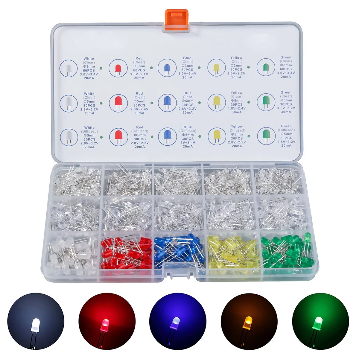 600pcs 3mm 5mm Assorted Clear/ LED Light Emitting Diodes LED Bulbs Compatible for (5 Colors) Light-emitting Diodes