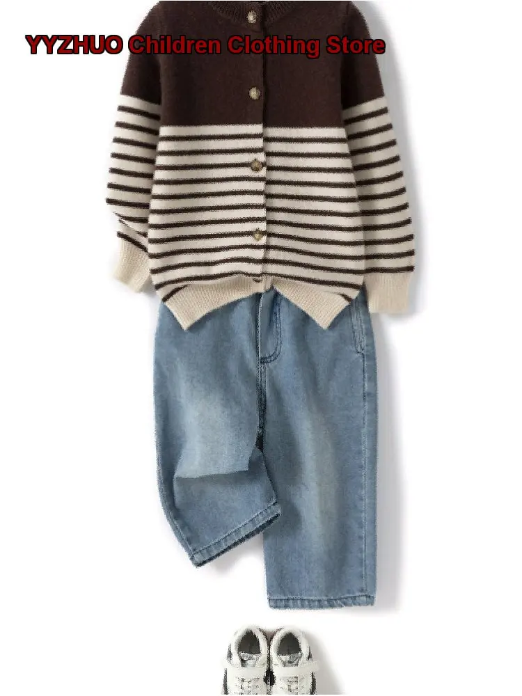 Kids Solid Color Knit Cardigan Round Neck Long Sleeves Boys Thickened Warm Girls