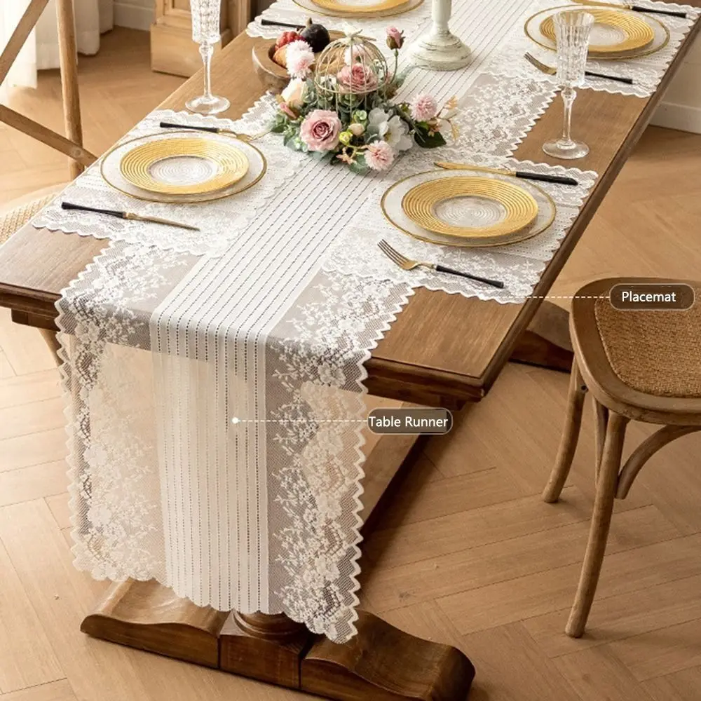 Hollowed Out Lace Jacquard Table Runner French Romantic Semi-Sheer Table Doilies Elegant Floral Embroidered
