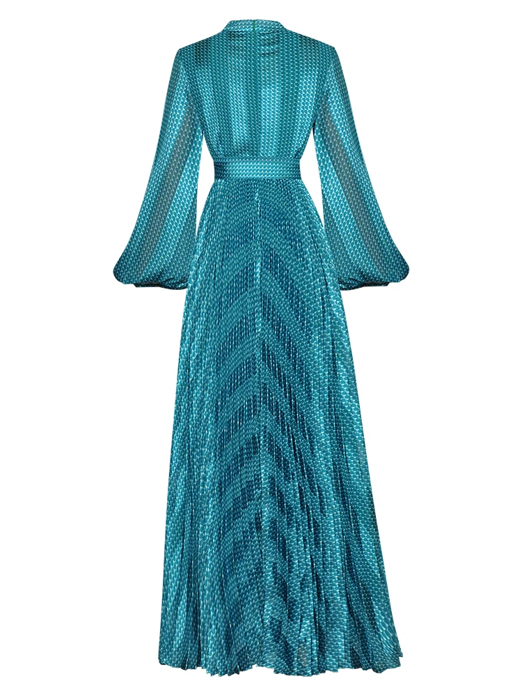 Damen-Chiffon-Kleid 2025, Frühling, kariert, bedruckt, V-Ausschnitt, Schnürung, Krawatte, plissiert, großer Saum, elegante lange Damenkleider