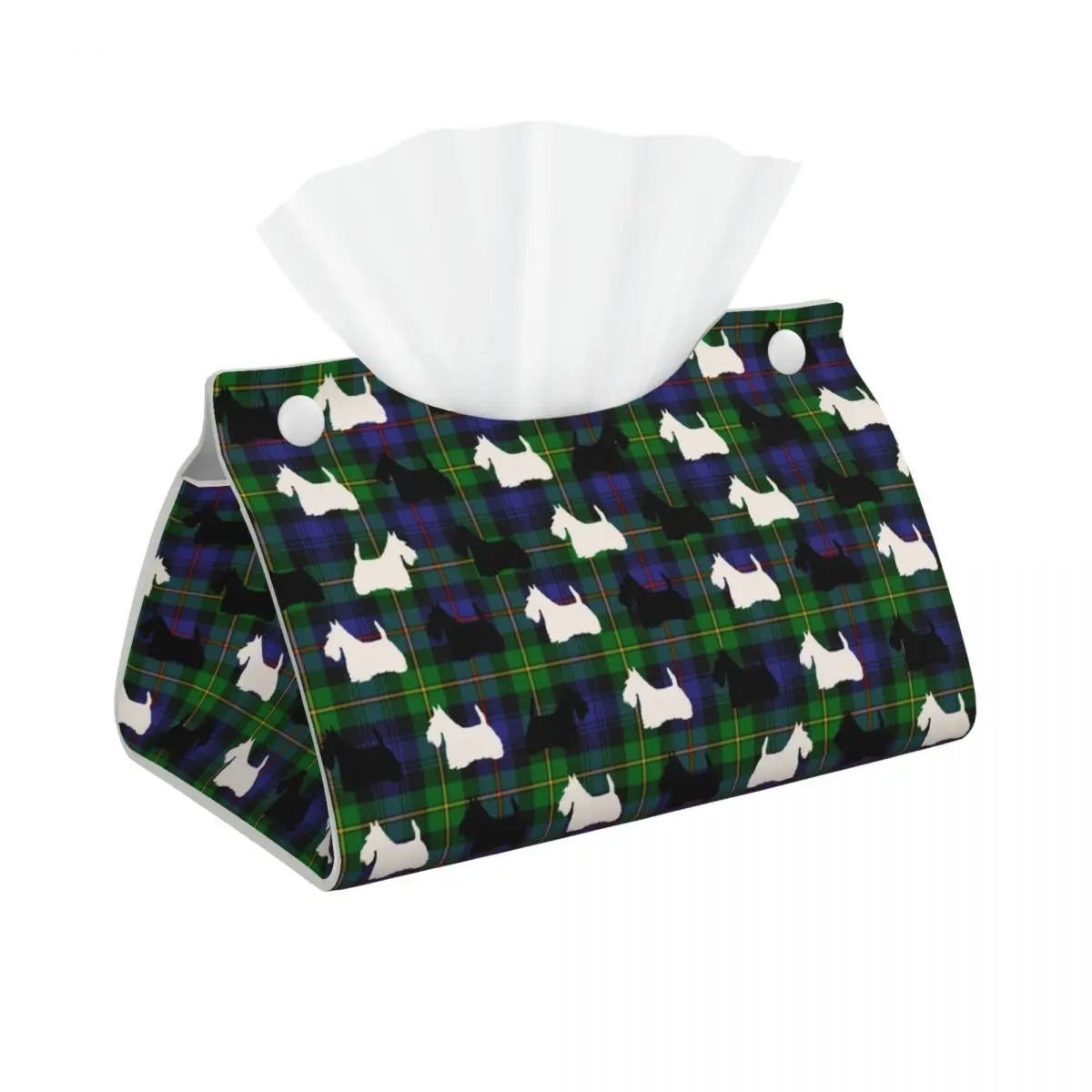 Custom Blue Green Tartan Scottish Terrier Plaid Tissue Box Cover PU Leather Rectangular Scottie Dog Facial Tissue Box Holder for