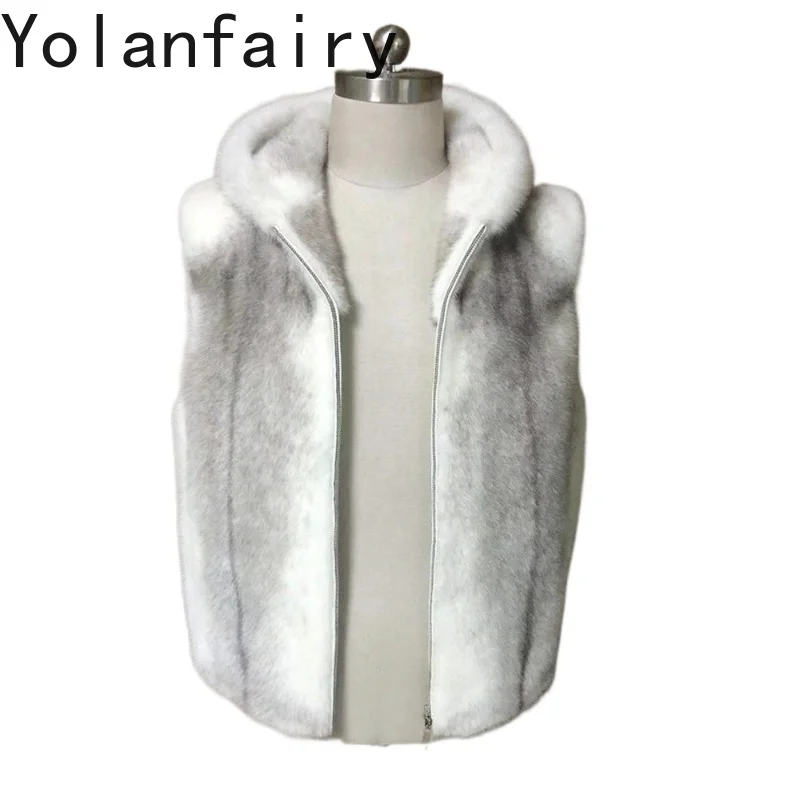 

YOLANFAIRY Natural Cross Mink Fur Coat Man Autumn Winter Hooded Real Fur Vest Genuine Whole Mink Fur Waistcoat Mens Clothing