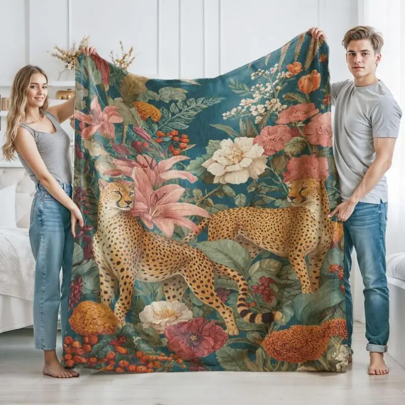 

VIKAMA Tropical Cheetah Flower Print Flannel Blanket Cozy Soft For Bed Sofa Office Travel Camping Throw