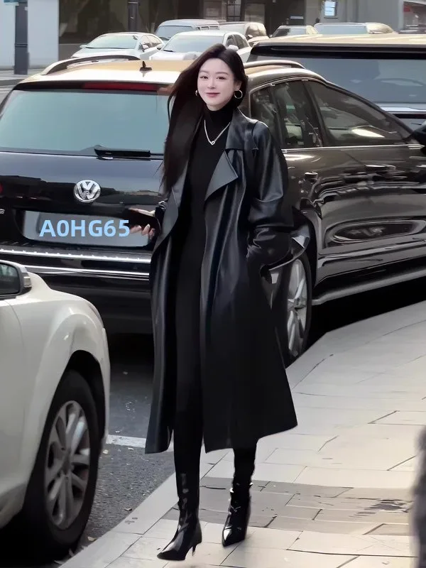 

Ele Bla PU Leather Coat Women's Spring Autumn New Sle Belted Collar Briti Sle Leather Jaet Outerwear