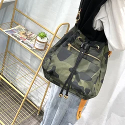 New nylon fabric waterproof drawstring single shoulder bucket bag women camouflage large capacity casual crossbody bag handbags