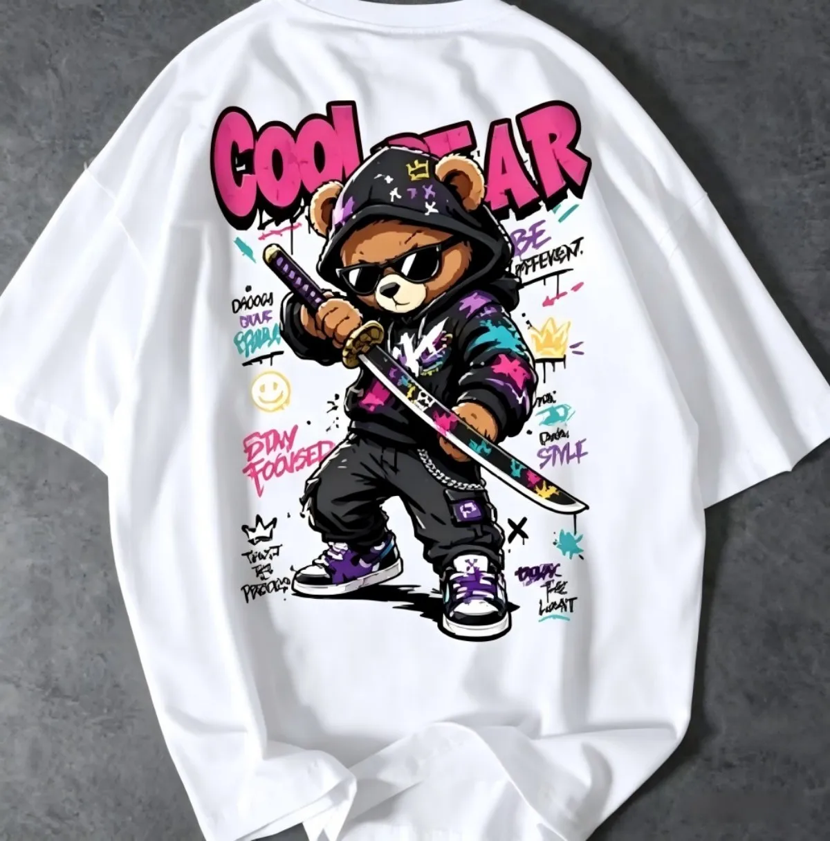American men's summer teddy bear samurai sword letter print micro elastic breathable round neck T-shirt outdoor street top