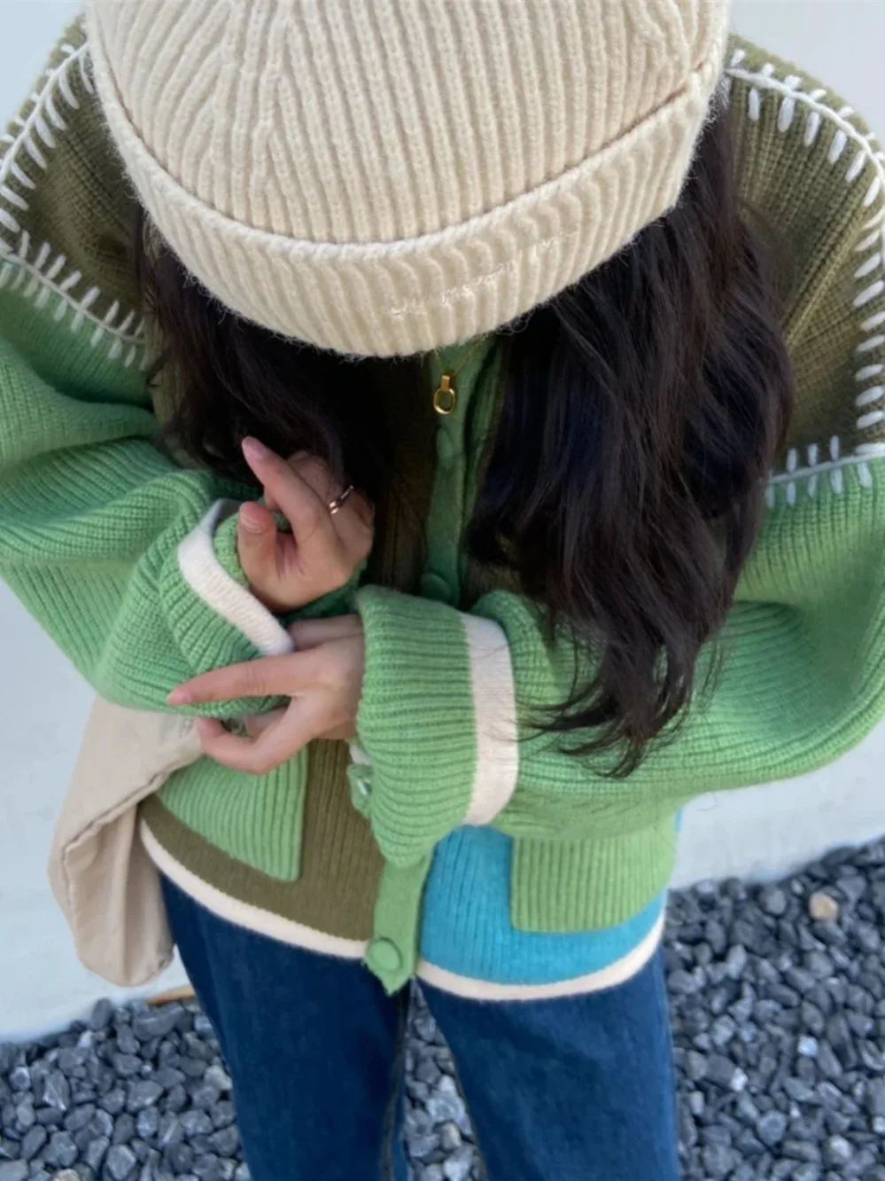 

Hong Kong Sle Color Blo Design Sensation Small Pa Button Baseball Jaet Open Cardigan Texture Pattern Pure Color V Ne