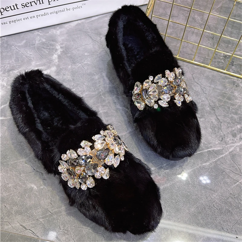 Black Mink Fur Women Loafers Casual Thick Sole Moccasins Crystal Winter Warm Snow Shoes Furry Fur Espadrilles Flats Creepers