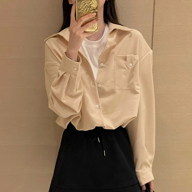 

Trendy Patchwork Fake Two-Piece Shirt Loose Fit Spring Autumn Women's Clothing Handbag Store Pure Color Collar Long Sleeve