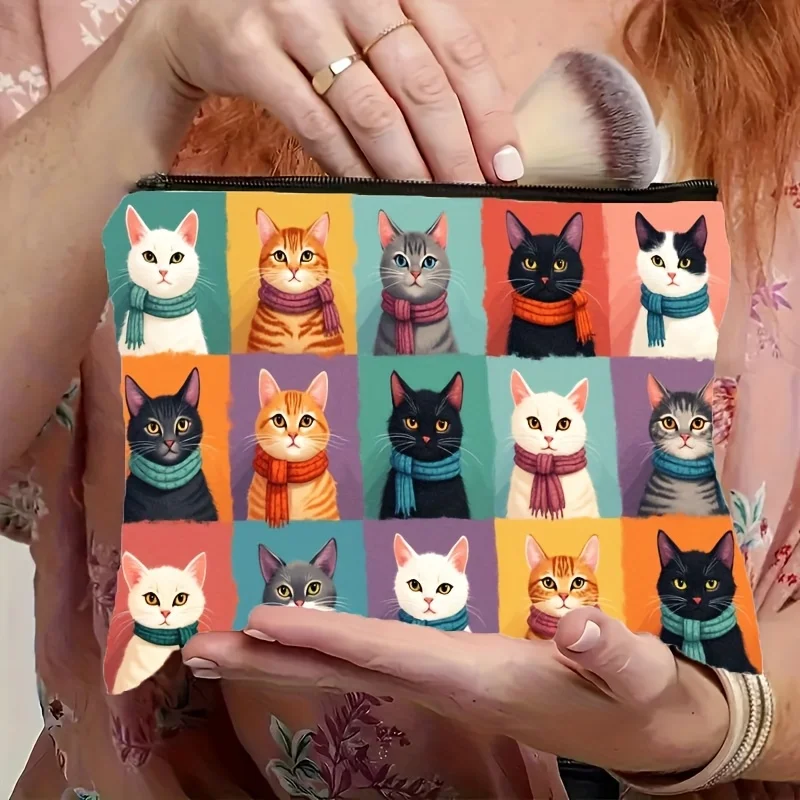 حقيبة مكياج لطيفة بطبعة قطة مع سحاب إغلاق، هدية محمولة للنساء والرجال لمحبي القطط، مع وجوه قطط نابضة بالحياة ومطبوعات مخالب