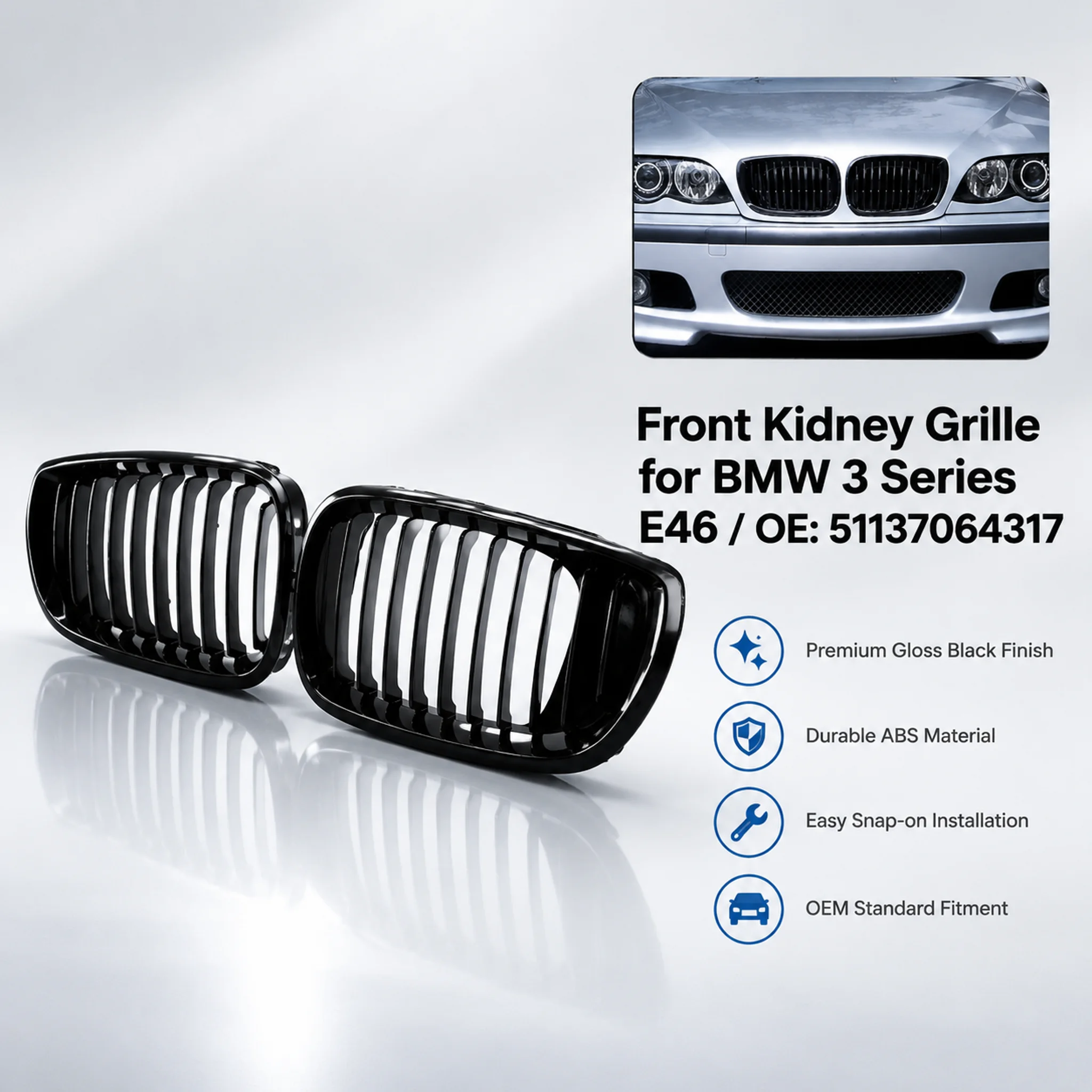 Griglia anteriore a barra singola nera lucida, ricambio per BMW Serie 3 E46 Berlina 4 porte 2001-2005, copertura centrale del radiatore, design sportivo, finitura esterna in ABS, materiale resistente,