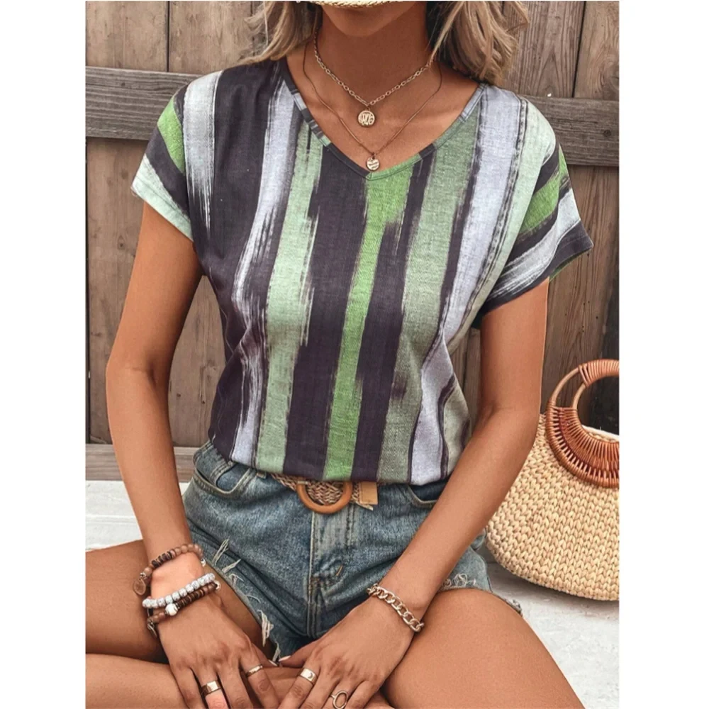 Summer Women\'s Casual Fashion Simple Lines Color Blocking Print Daily Travel Shopping Short-sleeved Top T-shirt