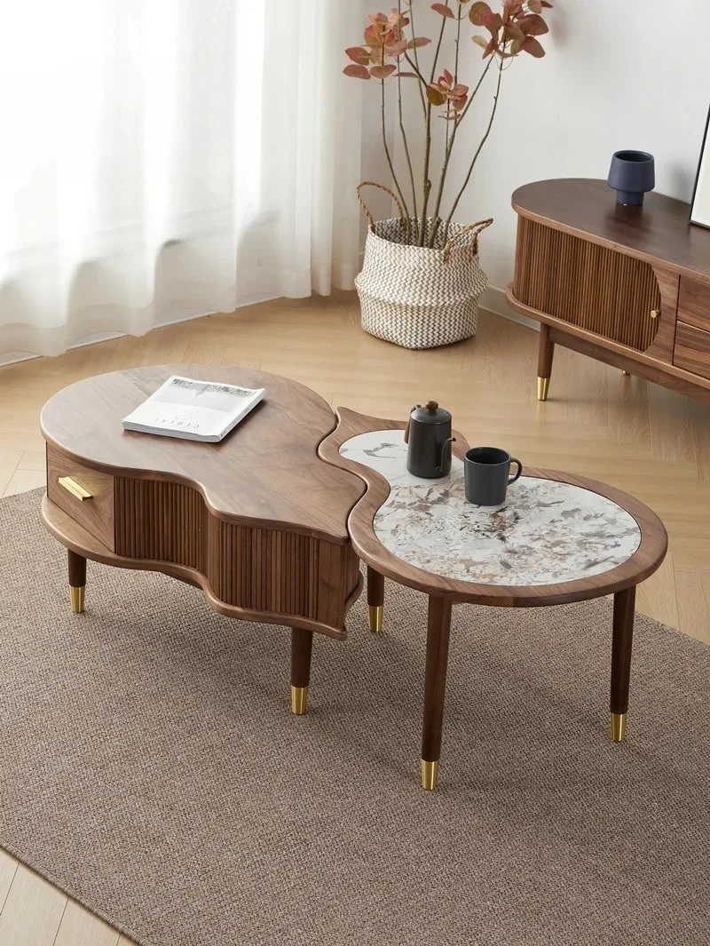 

Журнальный столик из массива черного ореха в стиле минимализм с каменной столешницей и благоприятным орнаментом Фулу для гостиной