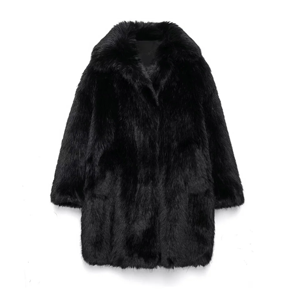 Taop&Za2024 women's autumn and winter new black environmentally friendly fur imitation fur coat plush medium long thick