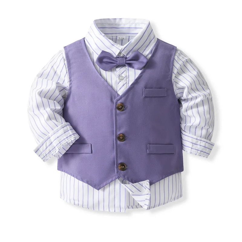 4PCS Sets Spring Toddler Boy Outfits Korean Fashion Gentleman Stripe Cotton Baby Tops+Vest+Pants+Tie Boutique Kid Clothing BC761